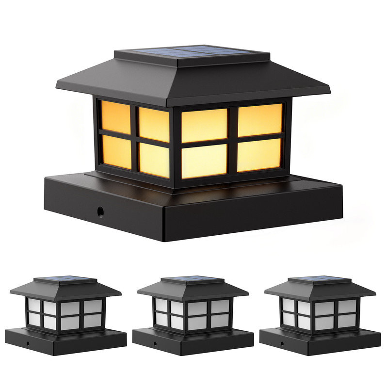 Solar Warm White Post Lights Outdoor Waterproof, Fence Cap For 4X4 5X5 6X6 Garden, Yard, Deck, Patio, Black, 4 Pack
