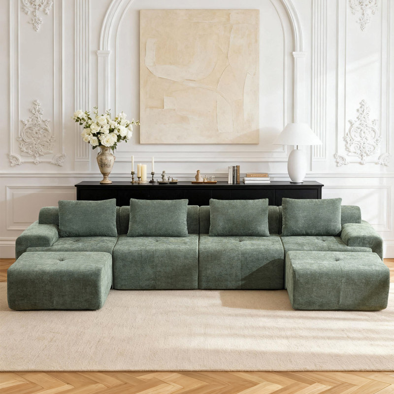Très grand Walmsley modulaire en U de 155,9 po avec 2 repose-pieds, revêtement en chenille et sièges profonds, sans assemblage requis, vert