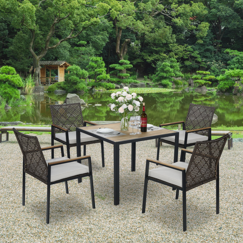 All Weather 5-Piece Patio Dining Set With Acacia Wood Table Top And Umbrella Hole, Dark Brown/Black