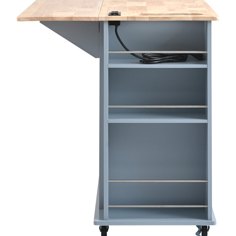 Power Outlet Kitchen Island Cart With Foldable Leaf Function, Blue, 5 Wheels, Storage, Wine Rack For Home Grey Blue Electrical & Leaf, 5-Wheeled, Area