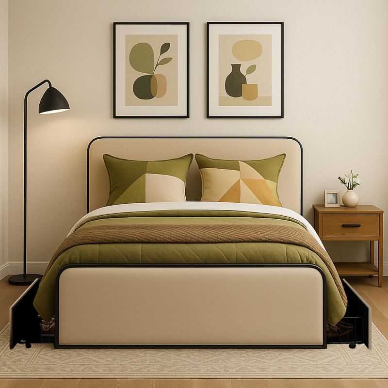 Structure de lit rembourrée en métal avec tête de lit courbée et tiroirs de rangement - Beige, Grand lit
