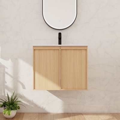 24'' Wall Mounted Single Bathroom Vanity with Ceramic Basin Sink Top, Floating Vanity with 2 Doors