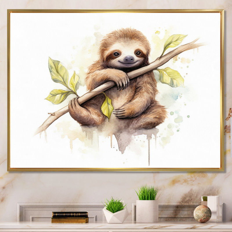Lazy Sloth - paresseux, art mural, H 24 po x l 32 po x P 1 po, Cadre flottant doré