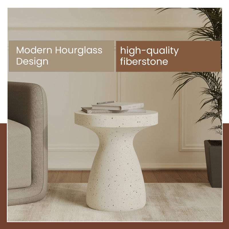Tinea 16" Wide Round Fiberstone Hourglass Design Side Table - Stylish Accent End Table for Bedroom, Living Room, and Patio, Indoor/Outdoor Use