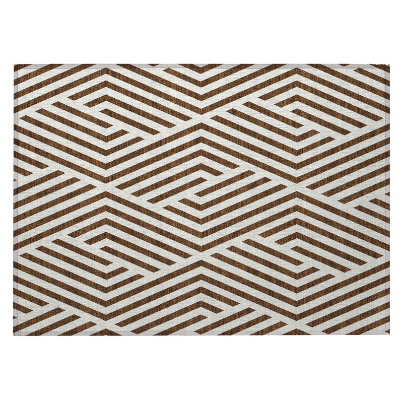 2' X 3' Brown and White Geometric Washable Non Skid Indoor Outdoor Area Rug