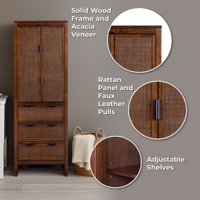 Ameer Modern Boho Solid Wood Linen Cabinet Storage with Drawers, Rattan Inlay Doors & Adjustable Shelves, Walnut