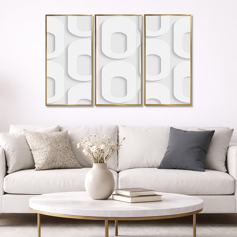Motif de forme incurvée - ensemble de 3 impressions sur toile flottante, Cadre doré, H 32 po x l 48 po x P 1 po