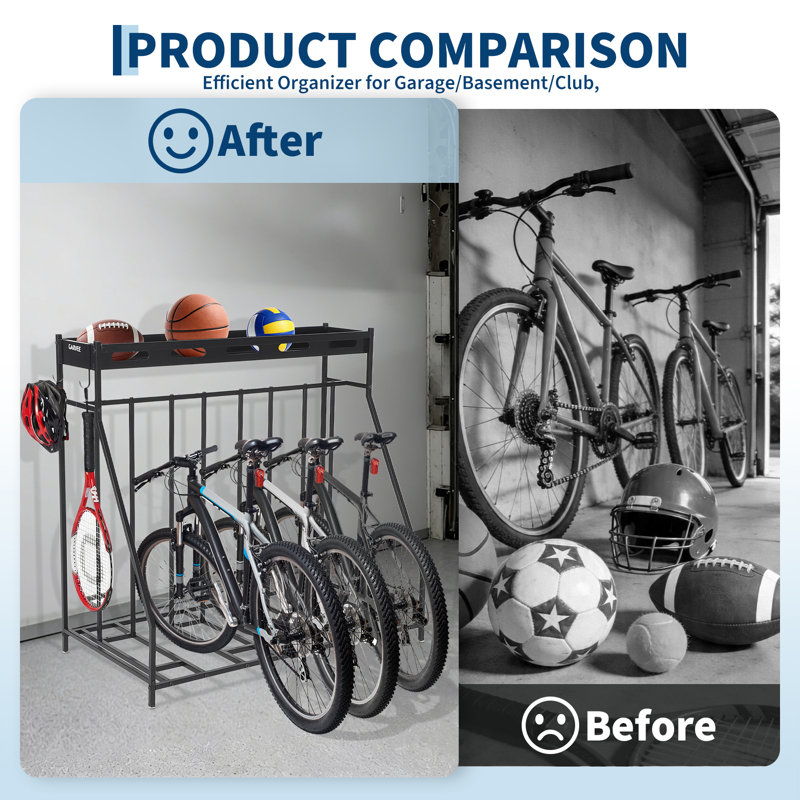 Support de plancher pour 4 vélos avec tablette de rangement, organisateur de vélos intérieur et extérieur et support de rangement