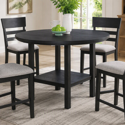 Table de salle à manger haute, couleur noir anthracite, en placage de bois massif, avec plateau tournant intégré (1 pièce).
