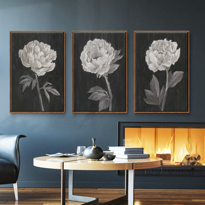 Fleurs noires et blanches I 3 pièces, H 40 po x l 78 po, Noyer