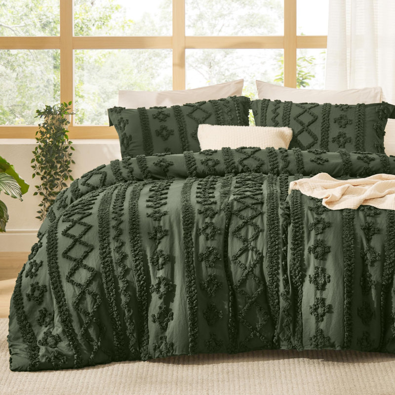 Ensemble de literie Boho, Housse de couette simple et insert + 2 taies déco, Vert
