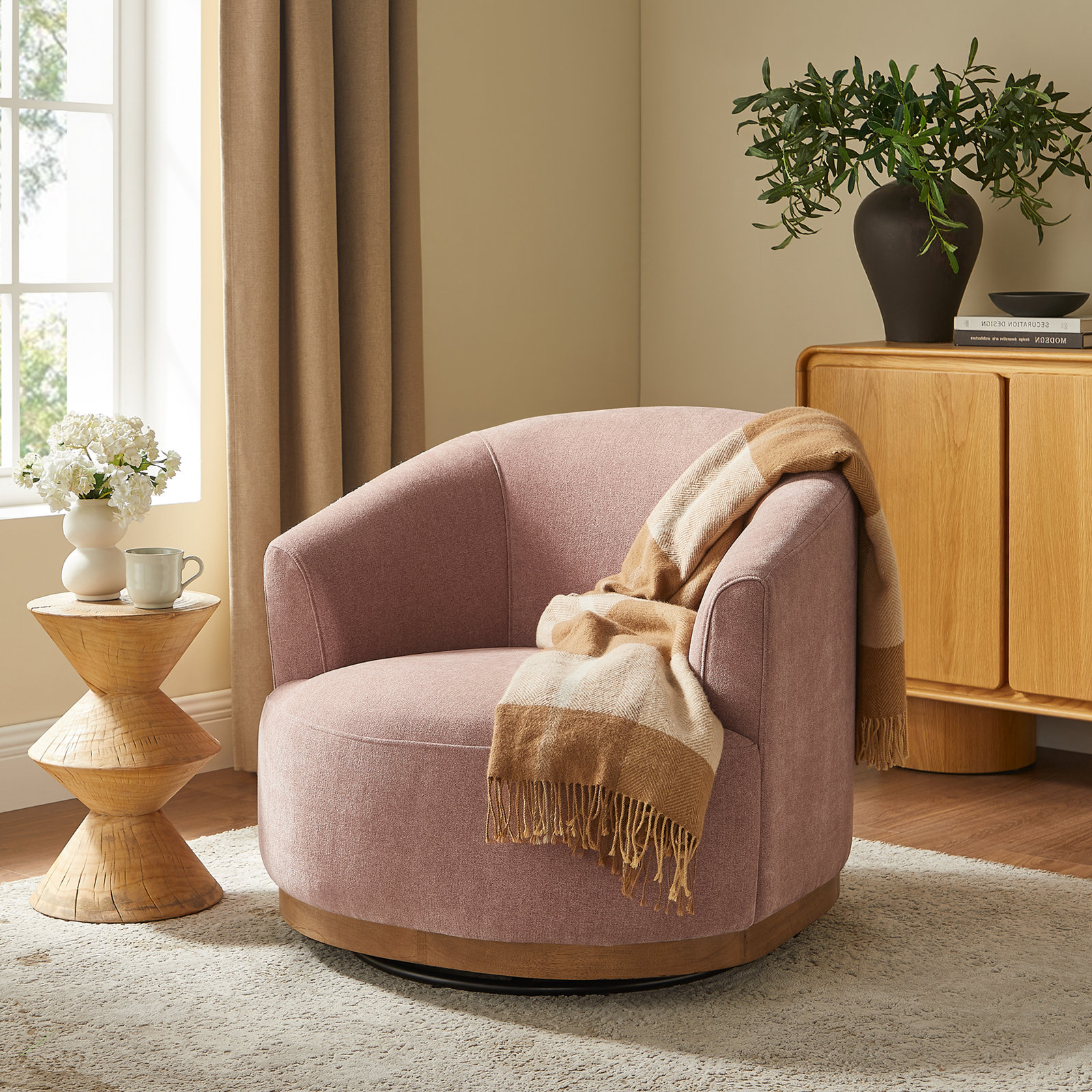 Aleshire Upholstered Swivel Accent Chair with Wood Base, Oak Wood with White Fabric, Clay Fabric