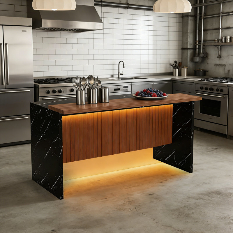 63-Inch Modern Kitchen Island with Marble-Look Surface, LED Lighting, and Grille Design for Versatile Use., Black