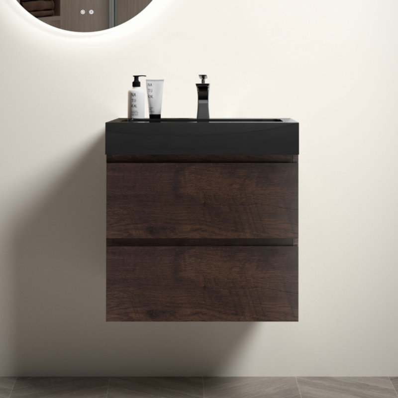 Meuble-lavabo mural 24 po en noyer de 24 po avec lavabo, grand meuble-lavabo flottant mural pour salle de bain moderne, lavabo une pièce noir sans drain ni robinet, pré-assemblé