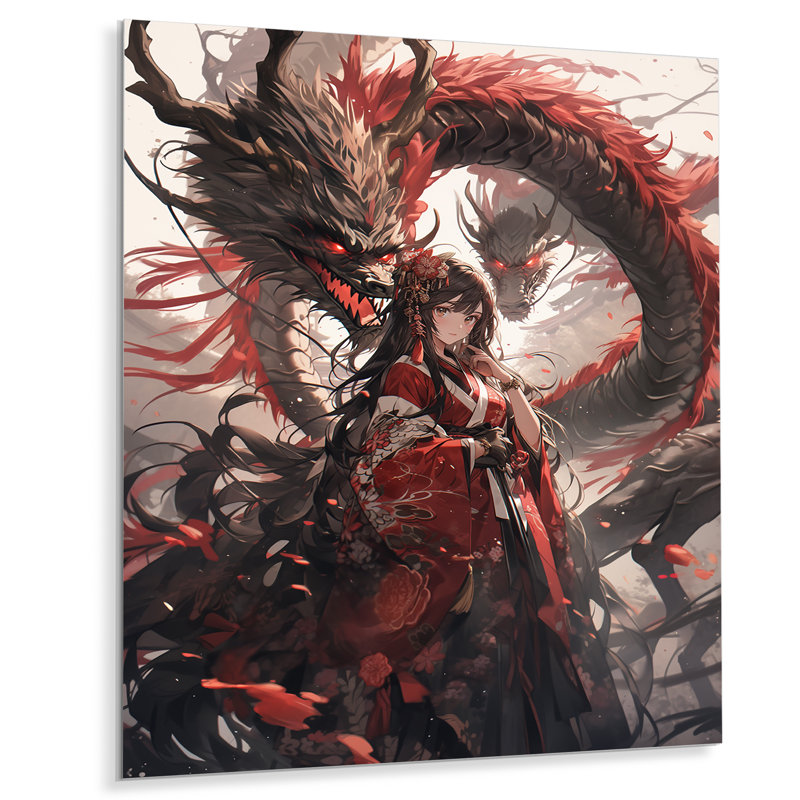 Red Princess Dragon I - impression d'art mural en métal asiatique, H 40 po x l 30 po x P 1,5 po