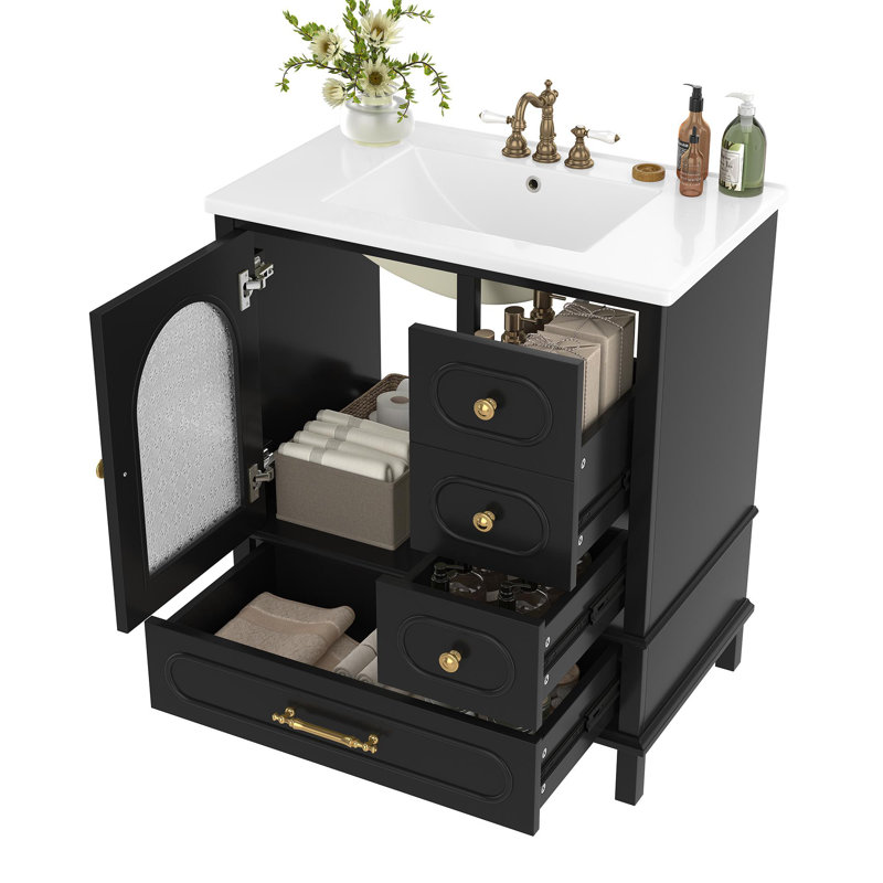 Meuble-lavabo en céramique à quatre tiroirs et deux portes, Noir
