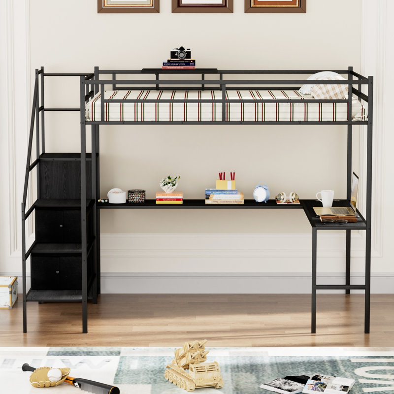 Lit mezzanine en métal avec bureau en forme de L, lumières à DEL et deux tiroirs en tissu