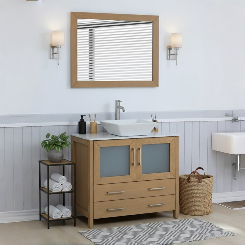 Ravenna 36" Freestanding Single Sink Bathroom Vanity with Engineered Marble Top and Matching Mirror, Natural Oak, 36" W