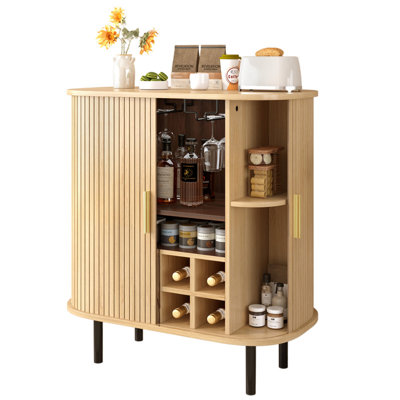 28" Fluted Wine Bar Cabinet with 8-Grid Wine Rack, 5-Level Adjustable Shelves, 2 Glass Holders, Smoothly Sliding Tambour Doors, 4 Hidden Storage Space on the Side,Modern Liquor Coffee Station, Natural