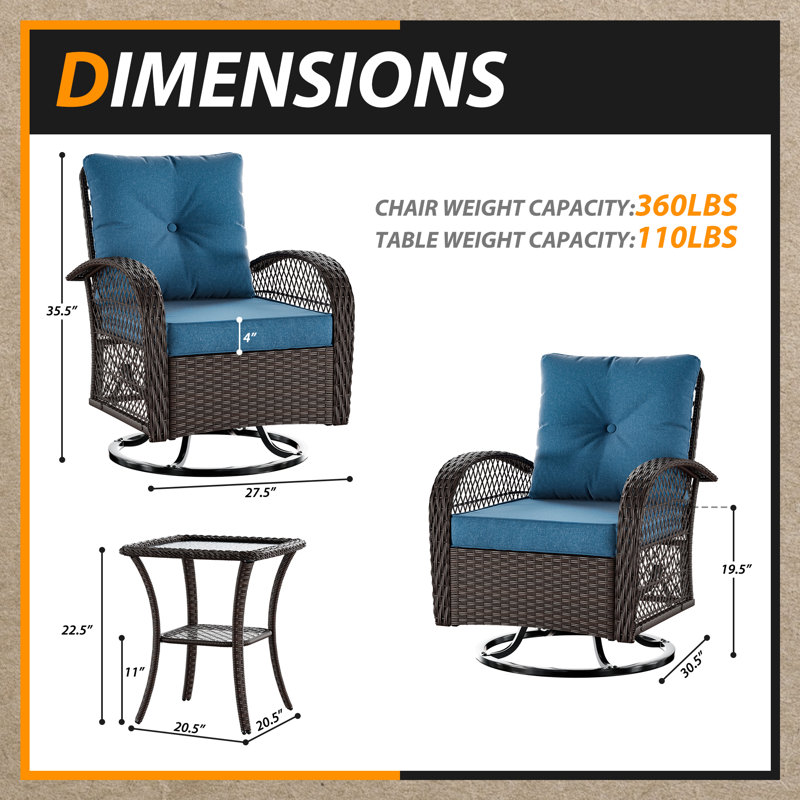 Yentin 3-Piece Rocking Chair Set with Cushions, Blue