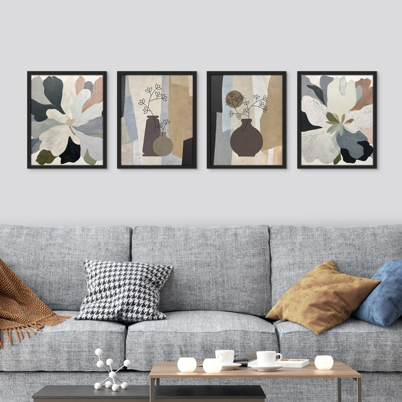 " Minimalist Botanical Abstract Floral And Vase " 4 - Pieces, Black, 16" H x 12" W