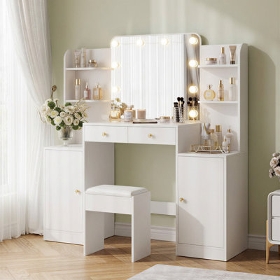 Large Makeup Vanity With Led Lighted Mirror, Power Outlet And Stool