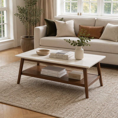 Rectangular Coffee Table with Solid Rubber Wood and 2-Tier Storage