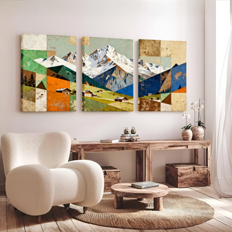 «Mountain Landscape Collage», ensemble de 3 reproductions géométriques abstraites sur toile tendue sur toile