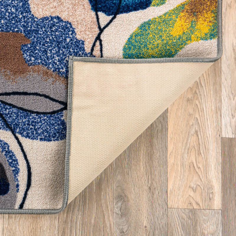 Dichiera Floral Brown/Navy/Cream Non-Slip Rubberback Area Rug, Rectangle 4' x 6'