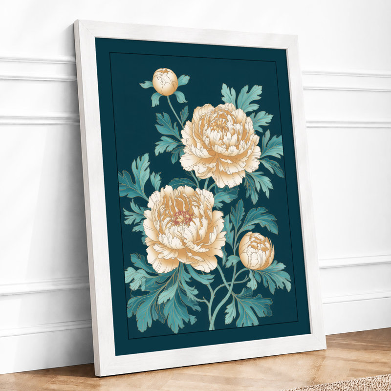 Peonies In Teal Botanical - Print, A3 - 42.0 x 29.7 cm, White