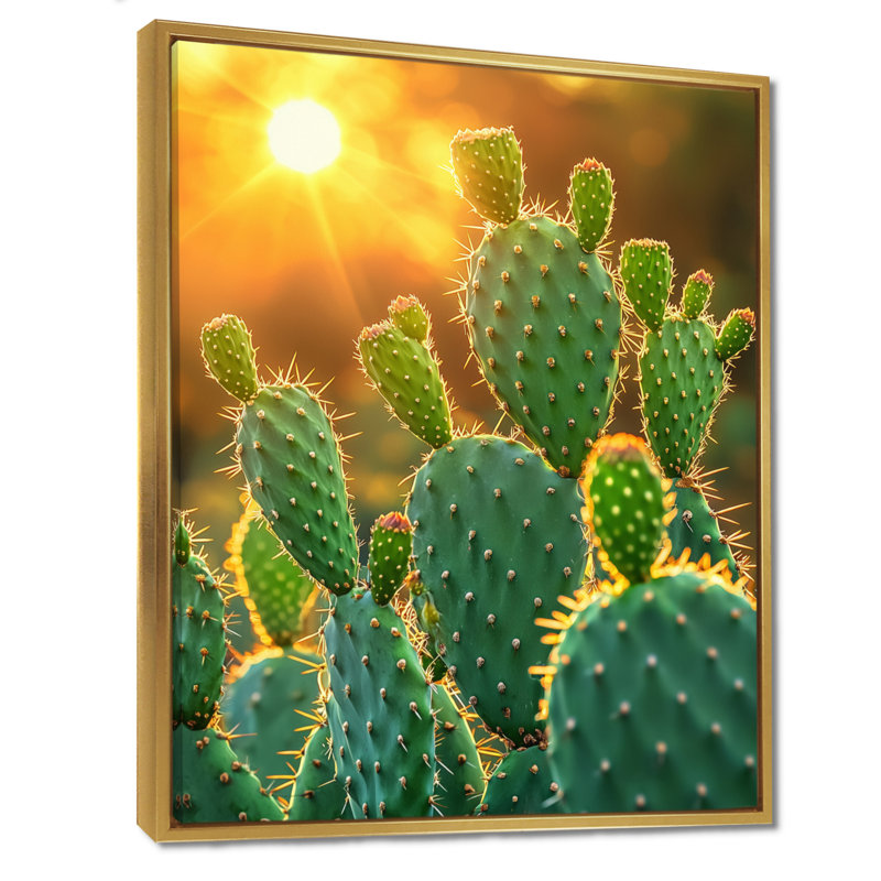 Cactus Manylath au coucher du soleil - Cactus, H 40 po x l 30 po, Reproduction avec cadre flottant, Doré
