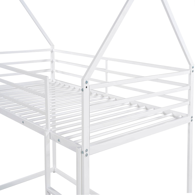 Twin Over Twin House Bunk Bed With Built-In Ladder, White