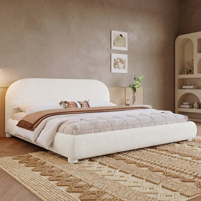 King Cream Bouclé Curved Upholstered Platform Bed Frame with Headboard