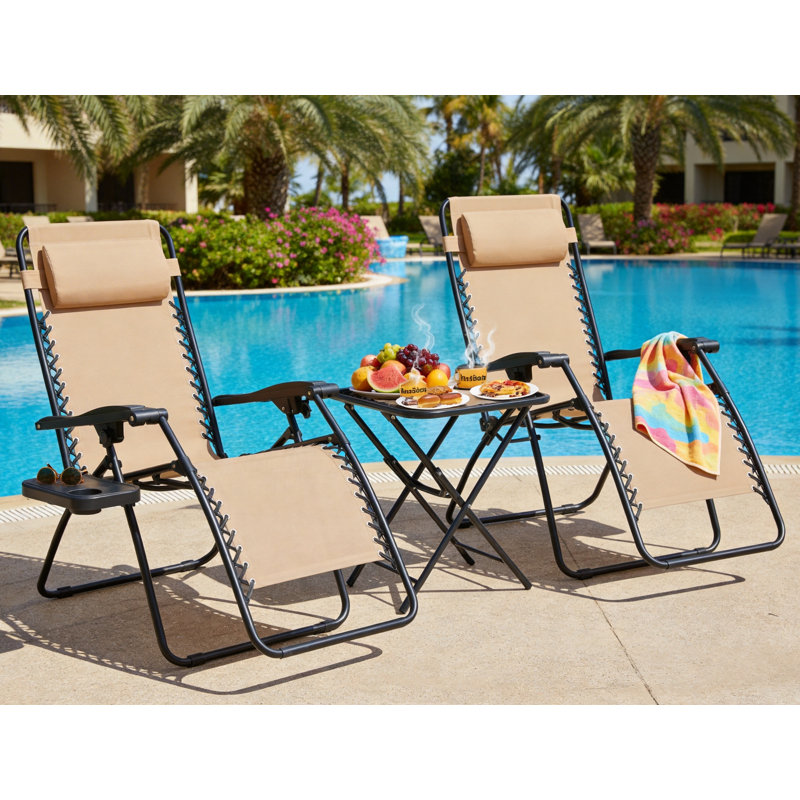 Beige Outdoor Zero-Gravity Folding Recliner Two-Piece Set, Adjustable With Cup Holder, Side Table, And Headrest; Weather-Resistant And Durable.