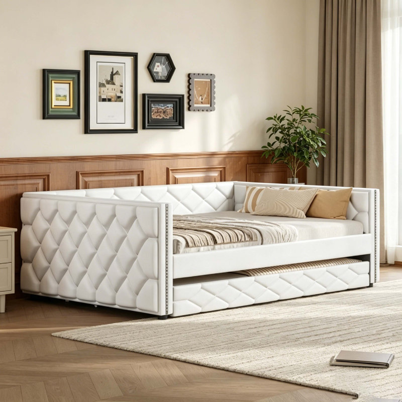 Lit de jour rembourré double TG avec couchette et lumières DEL, structure de canapé-lit capitonnée en similicuir blanc, aucun sommier tapissier nécessaire
