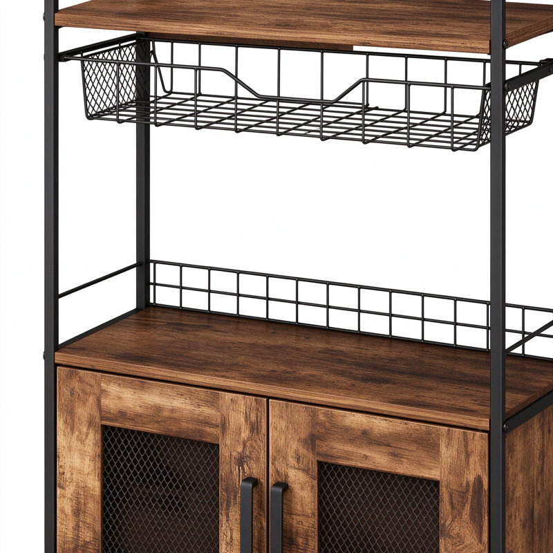 3-Tier Rolling Coffee Bar Cart with Storage, Mobile Coffee Station Featuring 2-Door Cabinet and Pull-Out Wire Basket Drawer, Rustic Brown Microwave Stand for Kitchen