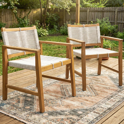  Heritage Solid Wood Patio Dining Chair with Woven Rope & Oversized Backrest (Set of 2)