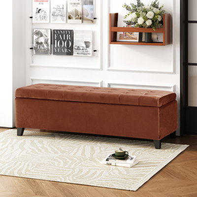Banc de rangement en velours, pieds brun foncé, avec support de poids de 250 lb avec surface en velours et rangement, longueur 49,24 po