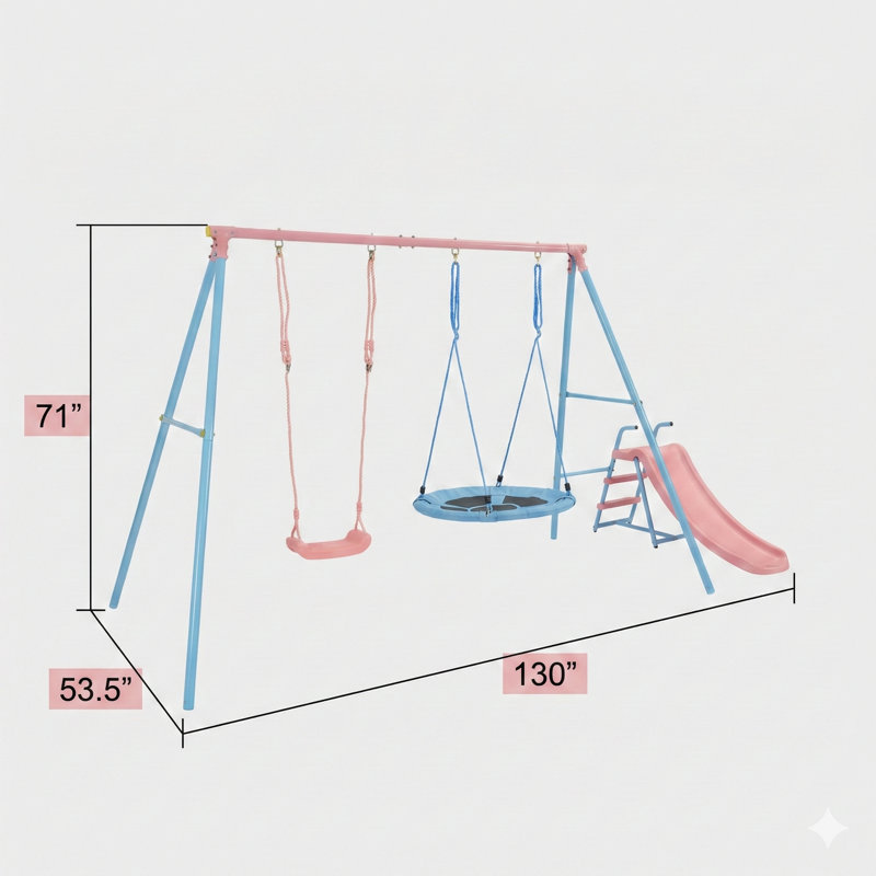 Ensemble de jeu à double balançoire et glissade en bleu et rose pour l'aire de jeu extérieure pour enfants