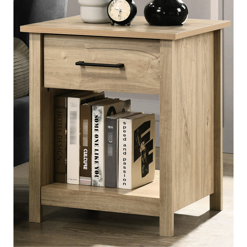 Table de chevet 1 tiroir en chêne de 20 pouces avec poignées en métal noir et tablette inférieure ouverte pour réveils-matin, composition en panneau de particules, articles de décoration d'une capacité maximale de 35 lb,