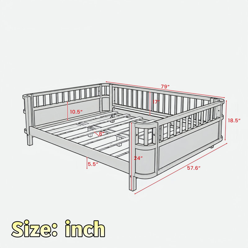 Lit pour enfant à profil bas avec coin arrondi lisse et support en lattes de bois, Lit simple, Gris