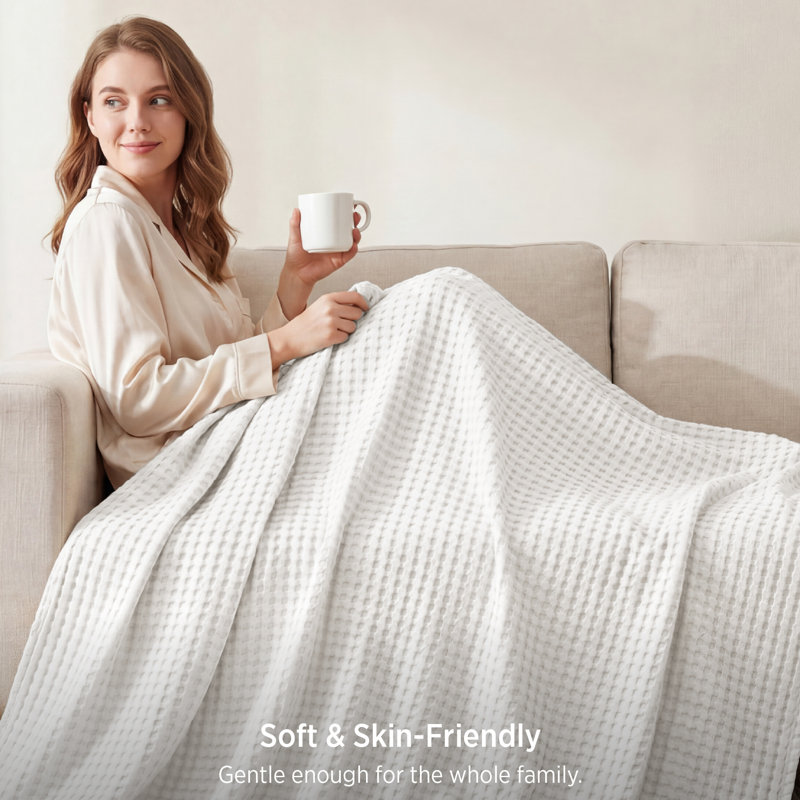 Bedsure Cotton & Rayon from Bamboo Waffle Blanket, Lightweight and Breathable for Year-Round Comfort, Bright White, Throw XL