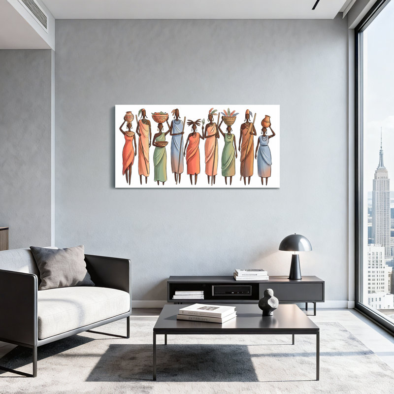 Abstract Colourful Women In Traditional Attire Carrying Pots And Staves, 16" H x 32" W