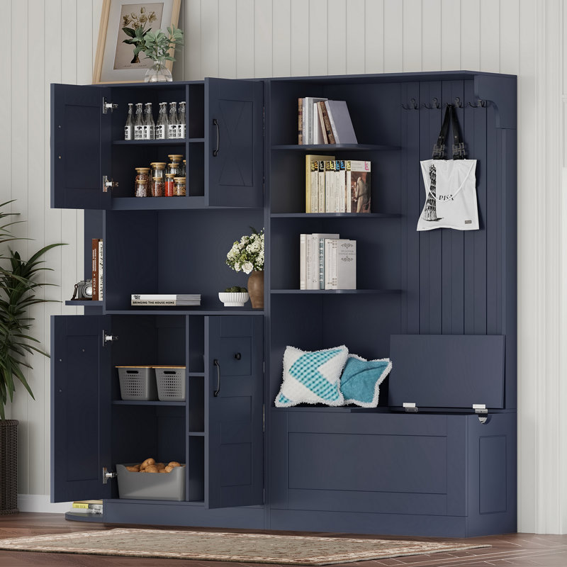 Armoire de vestibule multifonctionnelle gauche-droite avec rangement et 4 crochets, Blanc