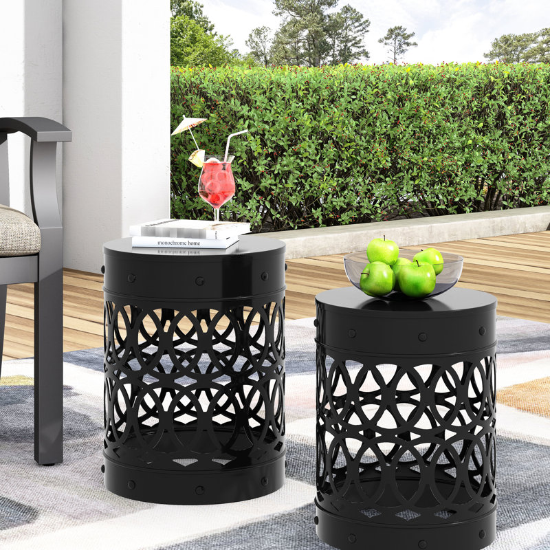 Outdoor Metal Side Table - Black Iron End Tables With Elegant Pattern, Powder-Coated Frame, No Assembly Modern For Garden Decor