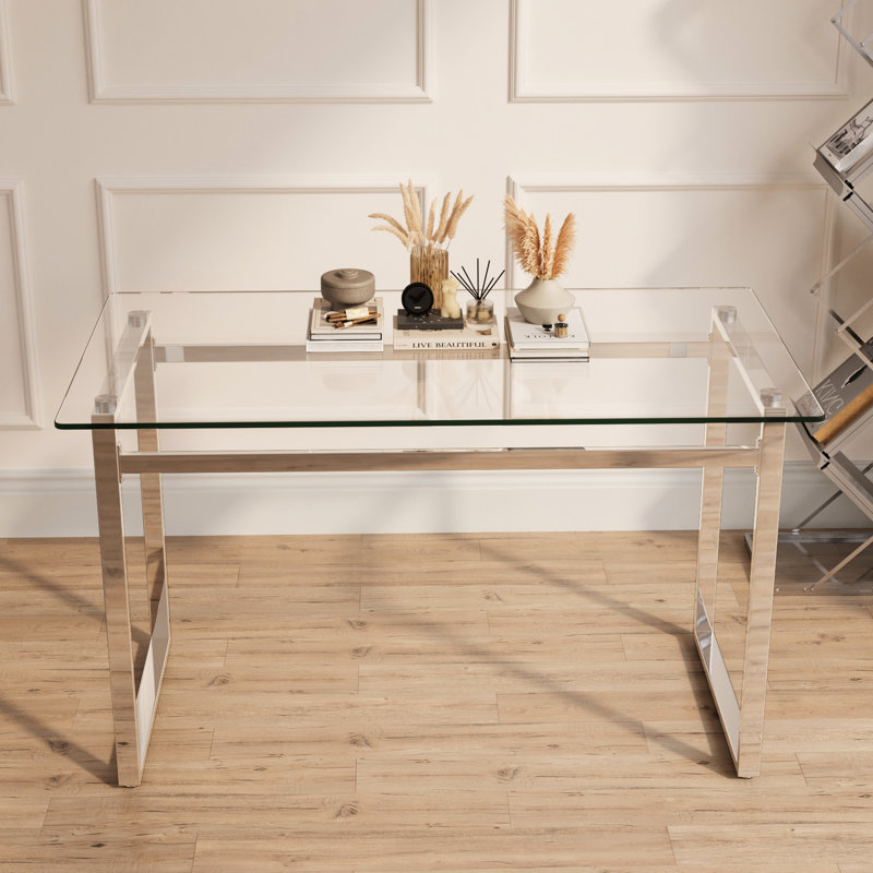 Table d'écriture rectangulaire de 130 cm (51 po) en verre trempé pour 4 à 6 personnes, avec pieds en métal argenté, résistante aux rayures, idéale pour la cuisine, le salon et la salle à manger. Verre de 8 mm (0,31 po) d'épaisseur. Design moderne et élégant.