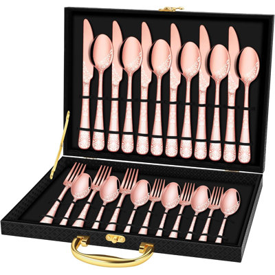 30-Piece Stainless Steel Flatware Set For 6 With Storage Box, Rose Gold Cutlery With Floral Laser Design, Mirror Polished Forks Spoons Knives, Dishwasher Safe Dinnerware Set