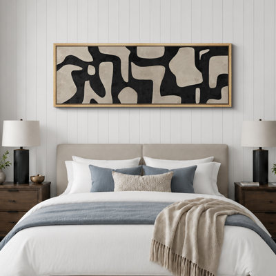 Mid Century Shape Abstract Contours, Black And White Beige Artwork, Retro Bedroom Home Decor, Extra Large Framed Canvas Print Wall Art