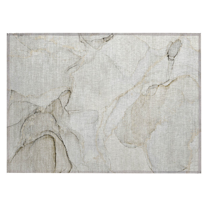 2' X 3' Beige and Ivory Abstract Washable Indoor Outdoor Area Rug