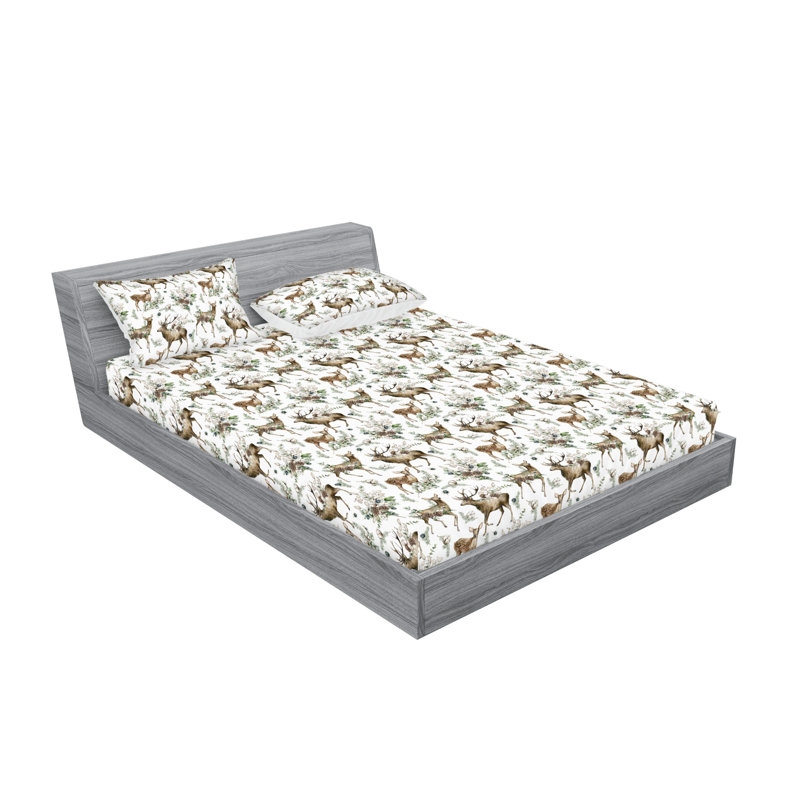 Ambesonne Fitted Sheet & Shams, King Sheet Set with 2 Pillowcases, Laurel Green/White Floral